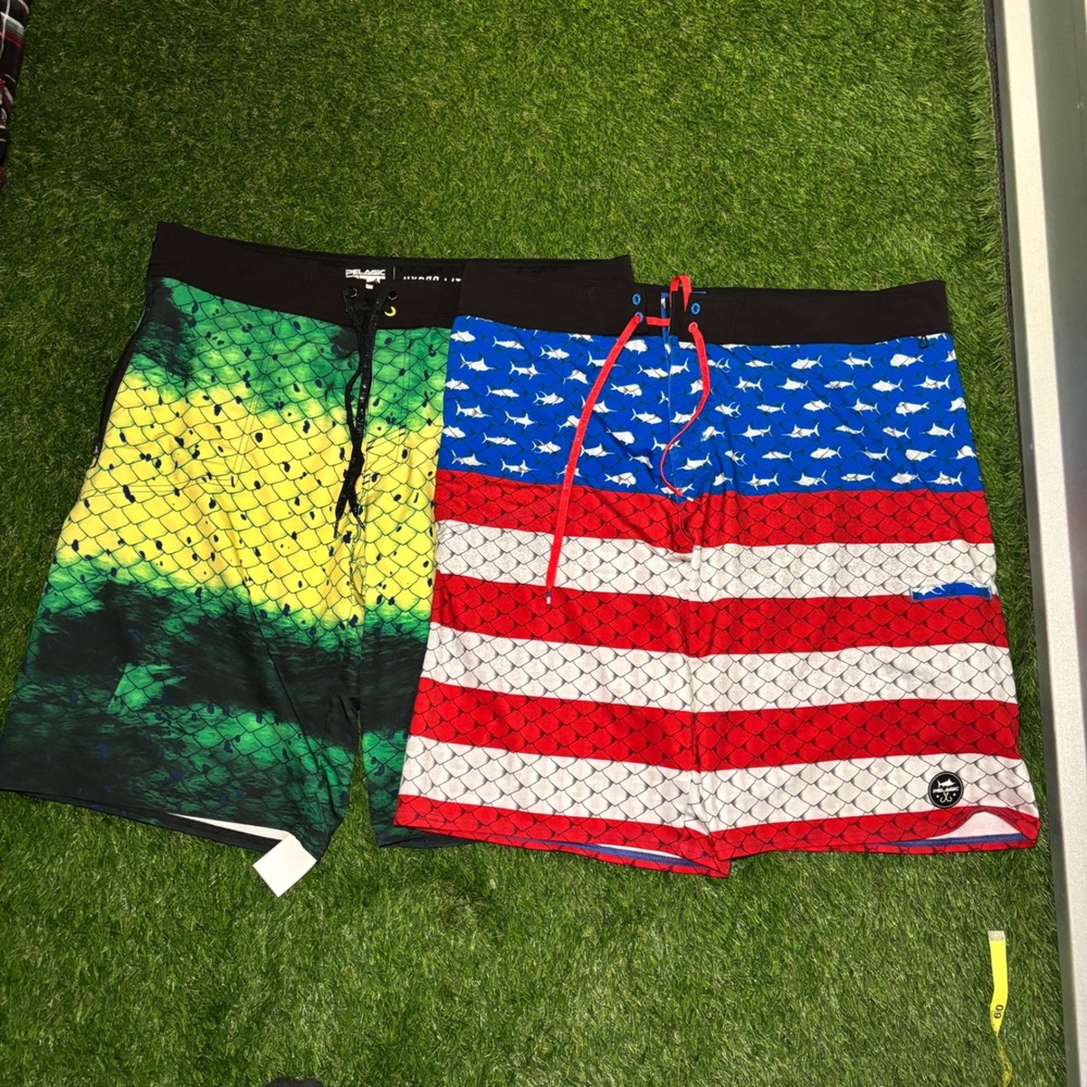 Pelagic Hydro-Lite Board Shorts Lot of 2 Mens 40 Mahi Mahi American Flag Fishing